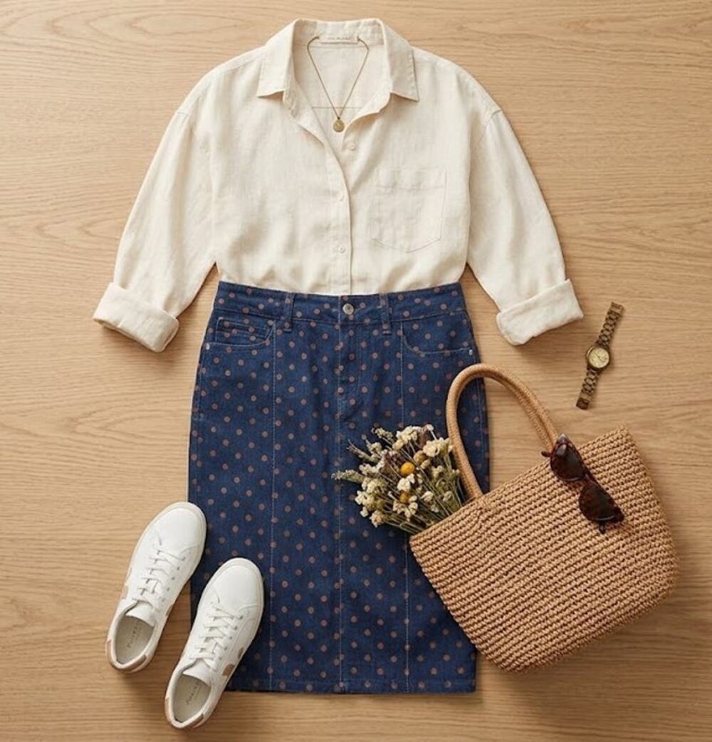 Pilcro & The Letter Press Polka-Dot Denim Skirt 27 Straight Knee Length